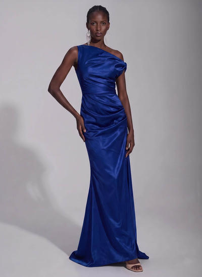 Elegant Sheath/Column Asymmetrical Sleeveless Sweep Train Satin Evening Dresses