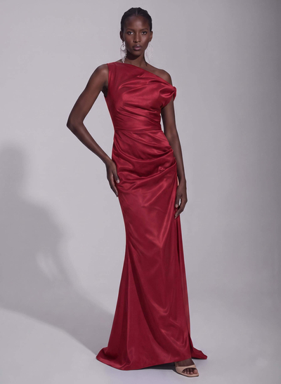 Elegant Sheath/Column Asymmetrical Sleeveless Sweep Train Satin Evening Dresses