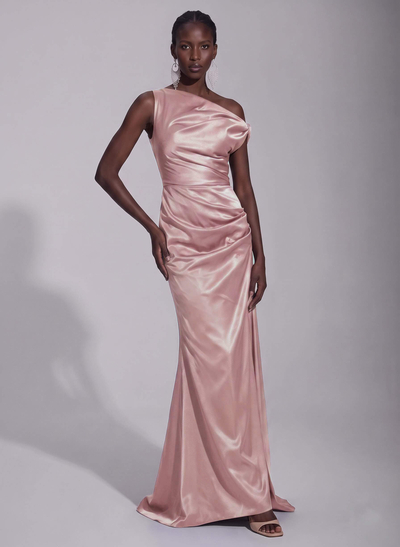 Elegant Sheath/Column Asymmetrical Sleeveless Sweep Train Satin Evening Dresses