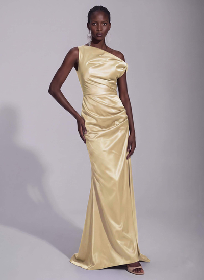 Elegant Sheath/Column Asymmetrical Sleeveless Sweep Train Satin Evening Dresses