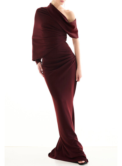 Elegant Sheath/Column Asymmetrical Long Sleeves Sweep Train Elastic Satin Evening Dresses