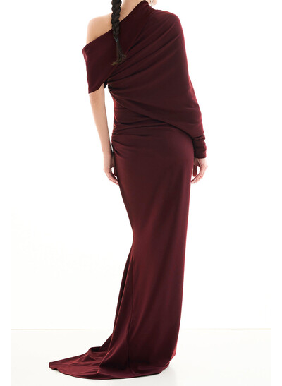 Elegant Sheath/Column Asymmetrical Long Sleeves Sweep Train Elastic Satin Evening Dresses