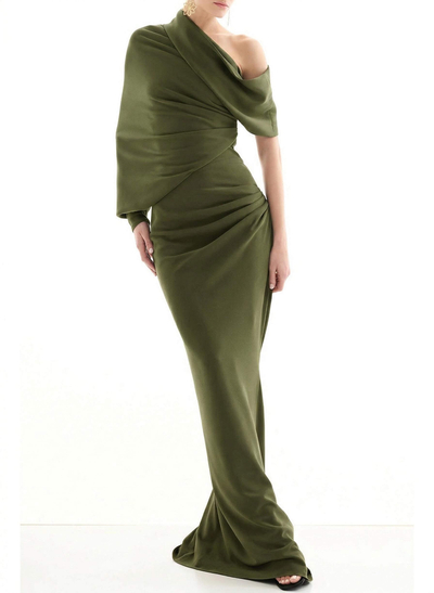 Elegant Sheath/Column Asymmetrical Long Sleeves Sweep Train Elastic Satin Evening Dresses