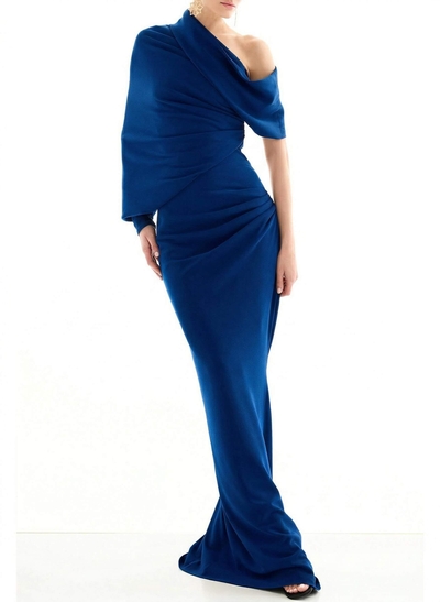 Elegant Sheath/Column Asymmetrical Long Sleeves Sweep Train Elastic Satin Evening Dresses