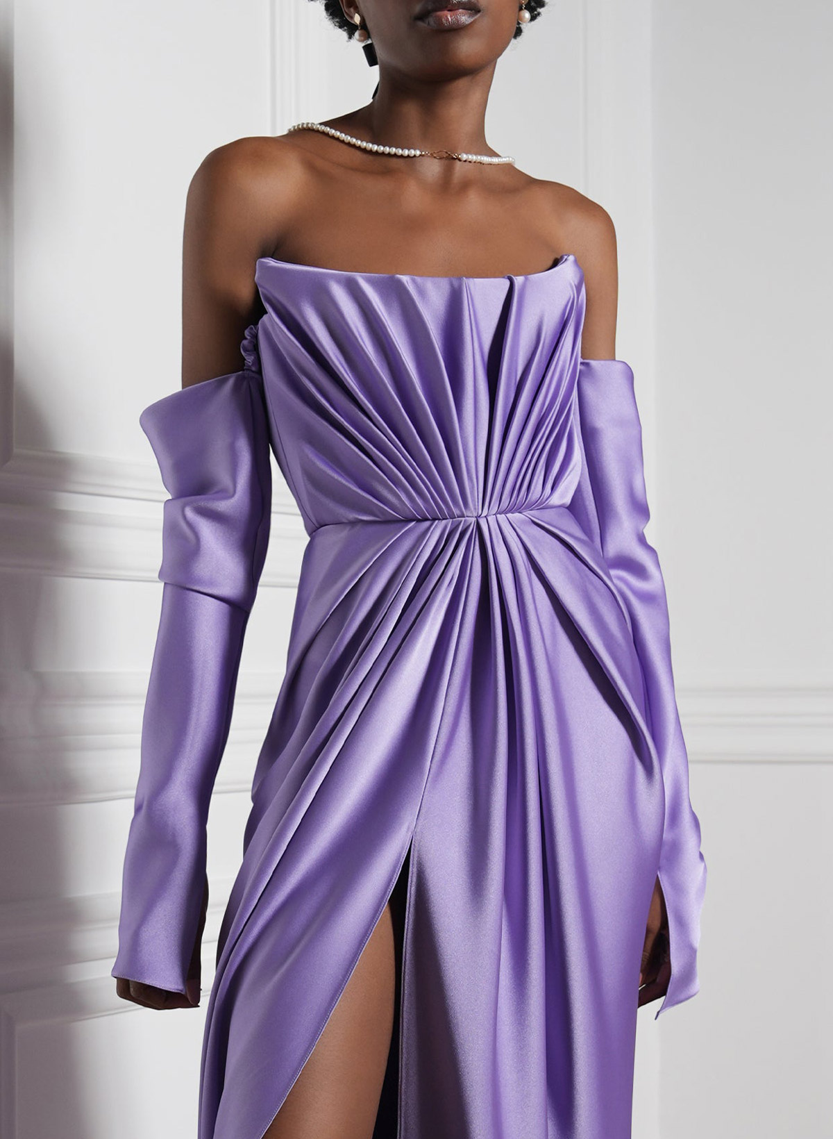 A-Line Off-The-Shoulder Long Sleeves Sweep Train Stretch Satin Knit Evening Dresses With Beading/Pleated/High Split
