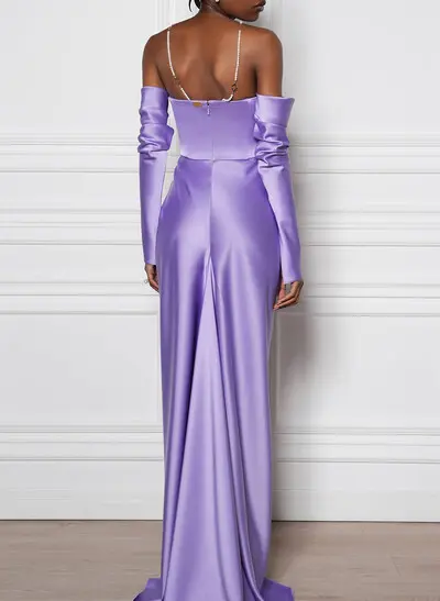 A-Line Off-The-Shoulder Long Sleeves Sweep Train Stretch Satin Knit Evening Dresses With Beading/Pleated/High Split