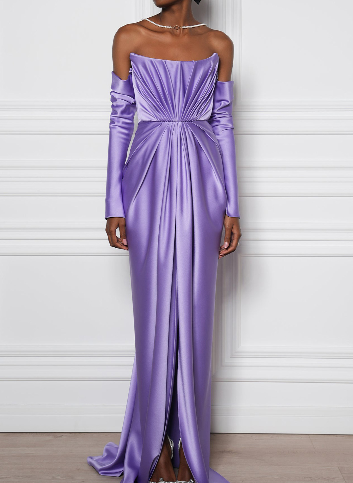 A-Line Off-The-Shoulder Long Sleeves Sweep Train Stretch Satin Knit Evening Dresses With Beading/Pleated/High Split