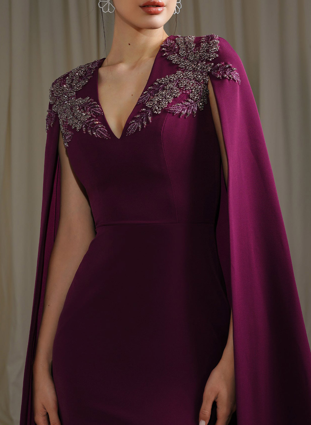 Trumpet/Mermaid V-Neck Cape Sleeves Sweep Train Elastic Satin Evening Dresses With Flower(s)