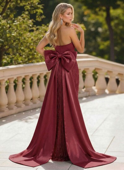 Sheath/Column Strapless Sleeveless Floor-Length Lace/Satin Evening Dresses With Bow(s)/Lace
