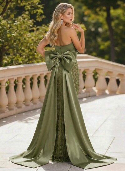 Sheath/Column Strapless Sleeveless Floor-Length Lace/Satin Evening Dresses With Bow(s)/Lace