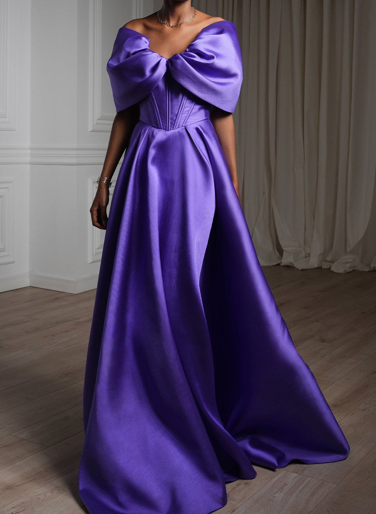 A-Line Off-The-Shoulder Sleeveless Sweep Train Satin Evening Dresses With Pockets