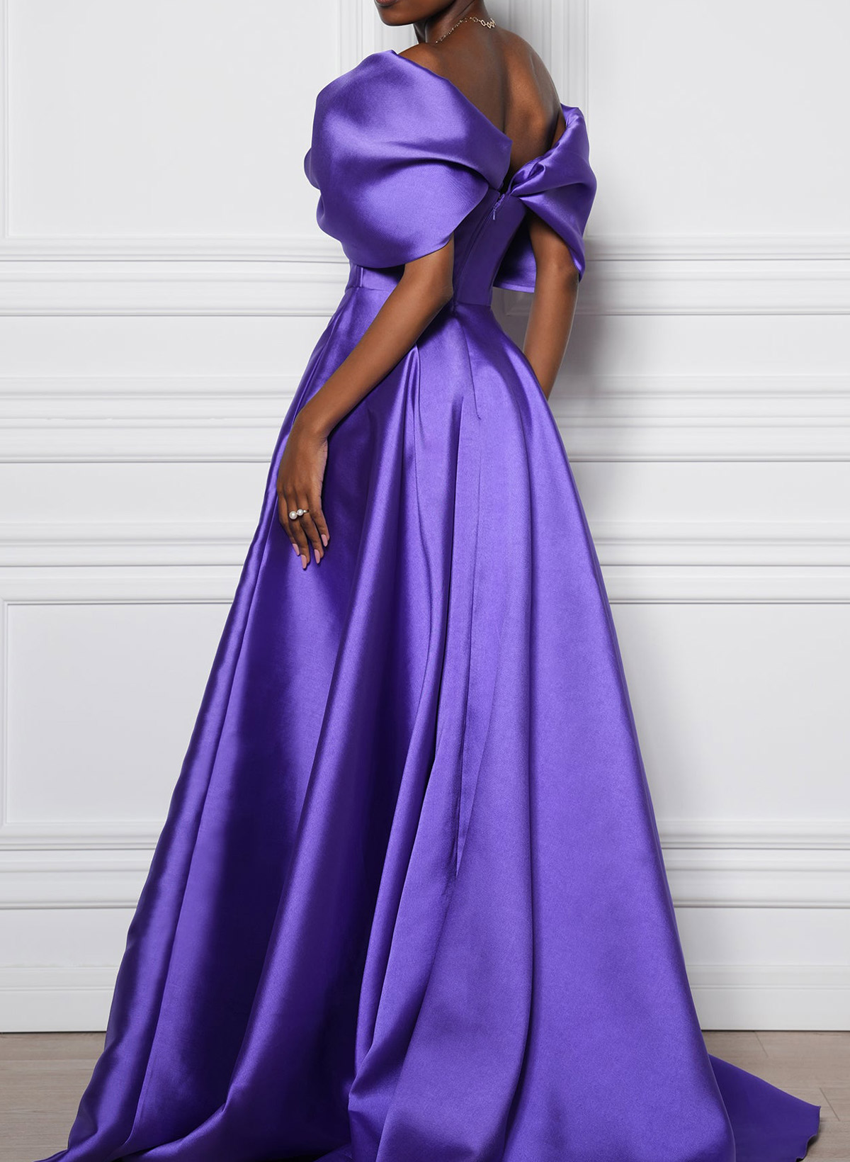 A-Line Off-The-Shoulder Sleeveless Sweep Train Satin Evening Dresses With Pockets