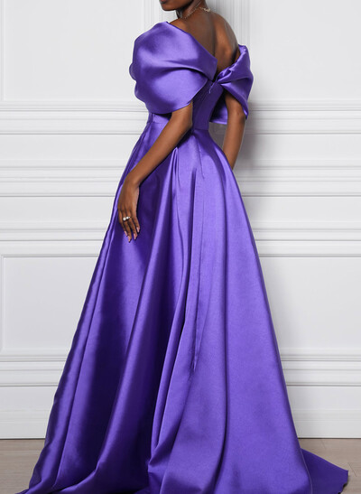 A-Line Off-The-Shoulder Sleeveless Sweep Train Satin Evening Dresses With Pockets