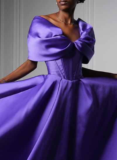 A-Line Off-The-Shoulder Sleeveless Sweep Train Satin Evening Dresses With Pockets
