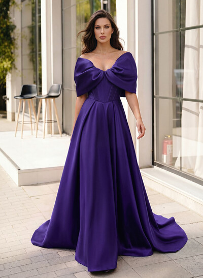 A-Line Off-The-Shoulder Sleeveless Sweep Train Satin Evening Dresses With Pockets