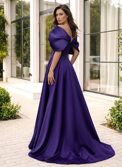 A-Line Off-The-Shoulder Sleeveless Sweep Train Satin Evening Dresses With Pockets
