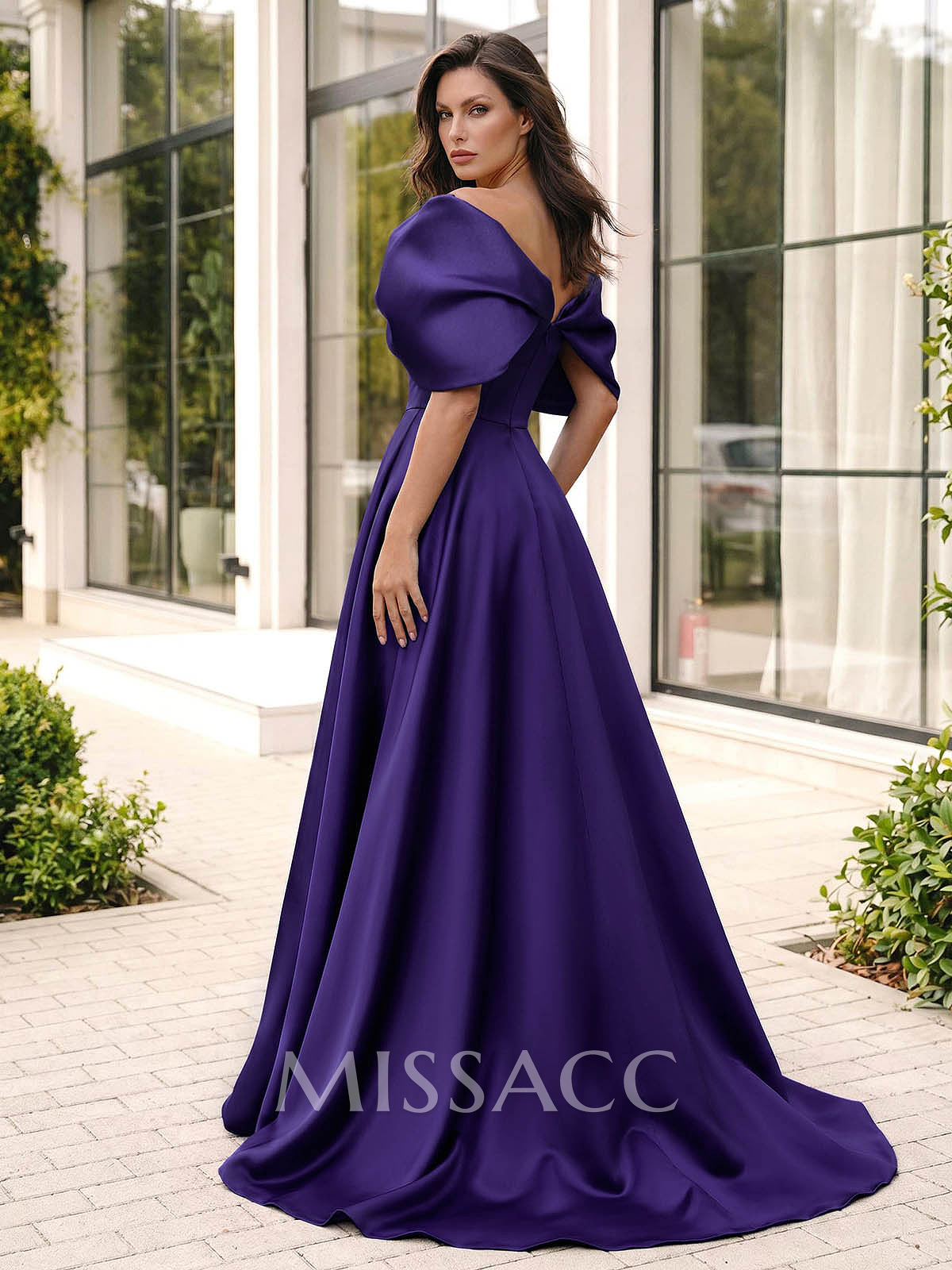 A-Line Off-The-Shoulder Sleeveless Sweep Train Satin Evening Dresses With Pockets