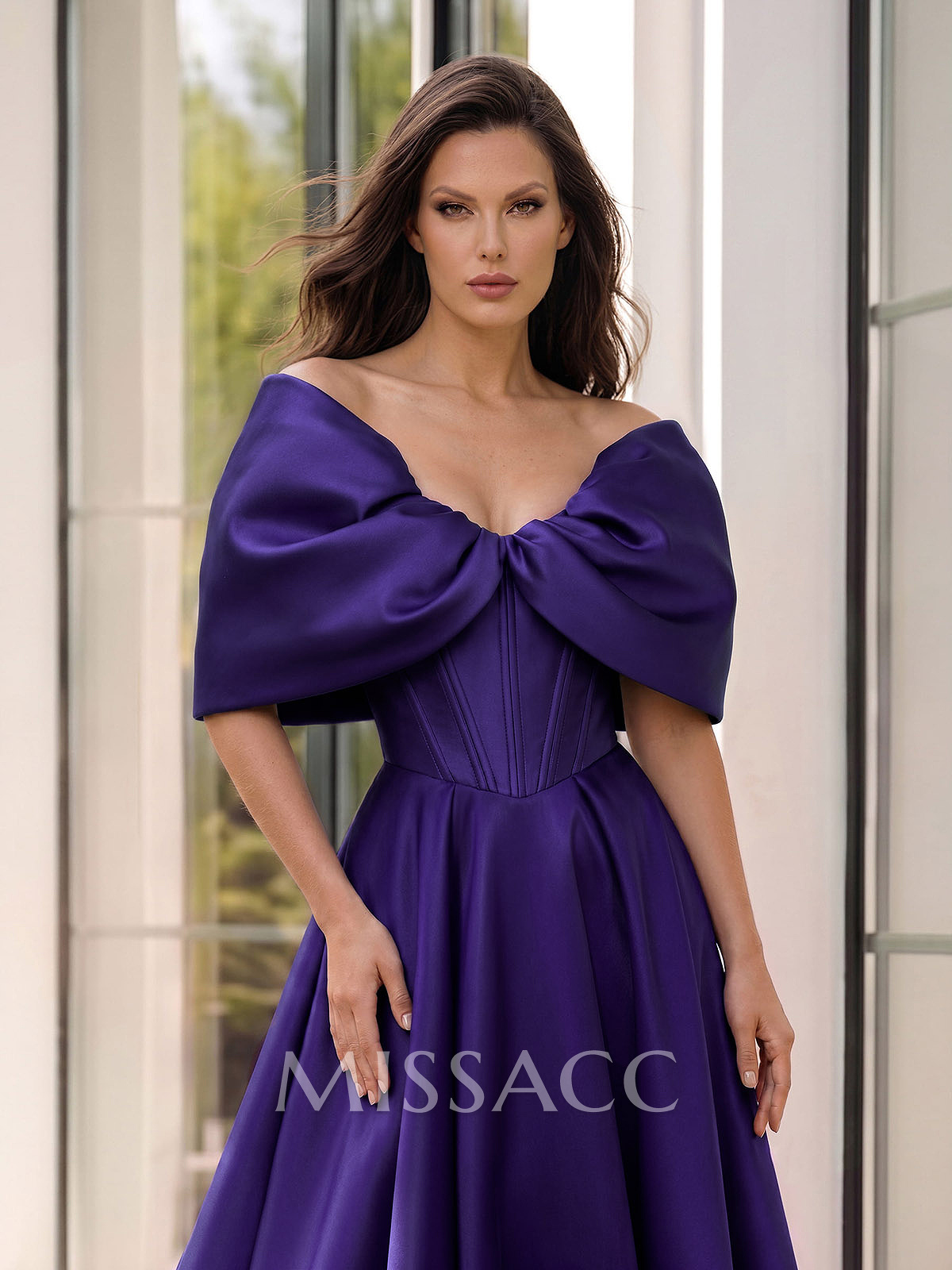 A-Line Off-The-Shoulder Sleeveless Sweep Train Satin Evening Dresses With Pockets