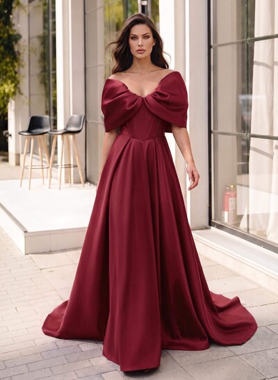 A-Line Off-The-Shoulder Sleeveless Sweep Train Satin Evening Dresses With Pockets