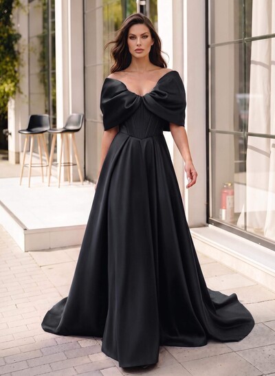 A-Line Off-The-Shoulder Sleeveless Sweep Train Satin Evening Gowns With Pockets