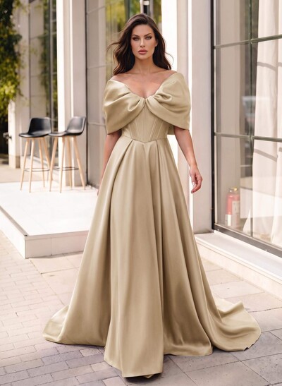 A-Line Off-The-Shoulder Sleeveless Sweep Train Satin Evening Dresses With Pockets