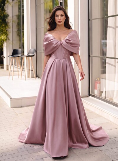 A-Line Off-The-Shoulder Sleeveless Sweep Train Satin Evening Dresses With Pockets