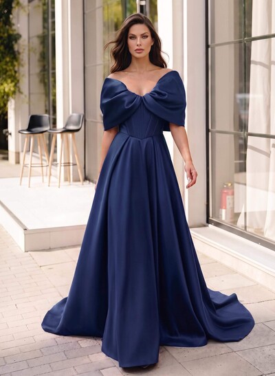 A-Line Off-The-Shoulder Sleeveless Sweep Train Satin Evening Dresses With Pockets