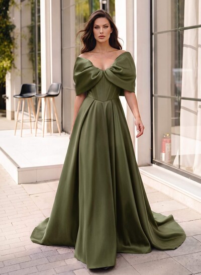 A-Line Off-The-Shoulder Sleeveless Sweep Train Satin Formal Dresses With Pockets