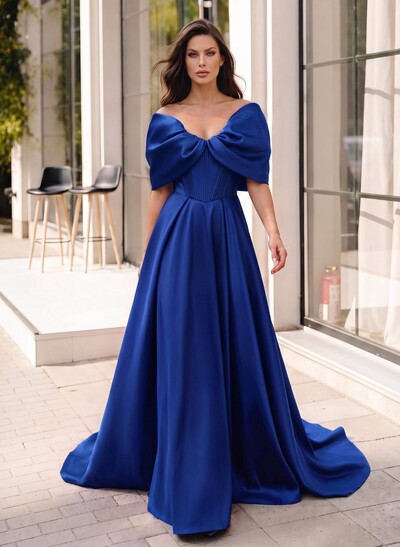 A-Line Off-The-Shoulder Sleeveless Sweep Train Satin Formal Dresses With Pockets