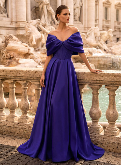 A-Line Off-The-Shoulder Sleeveless Sweep Train Satin Formal Dresses With Pockets