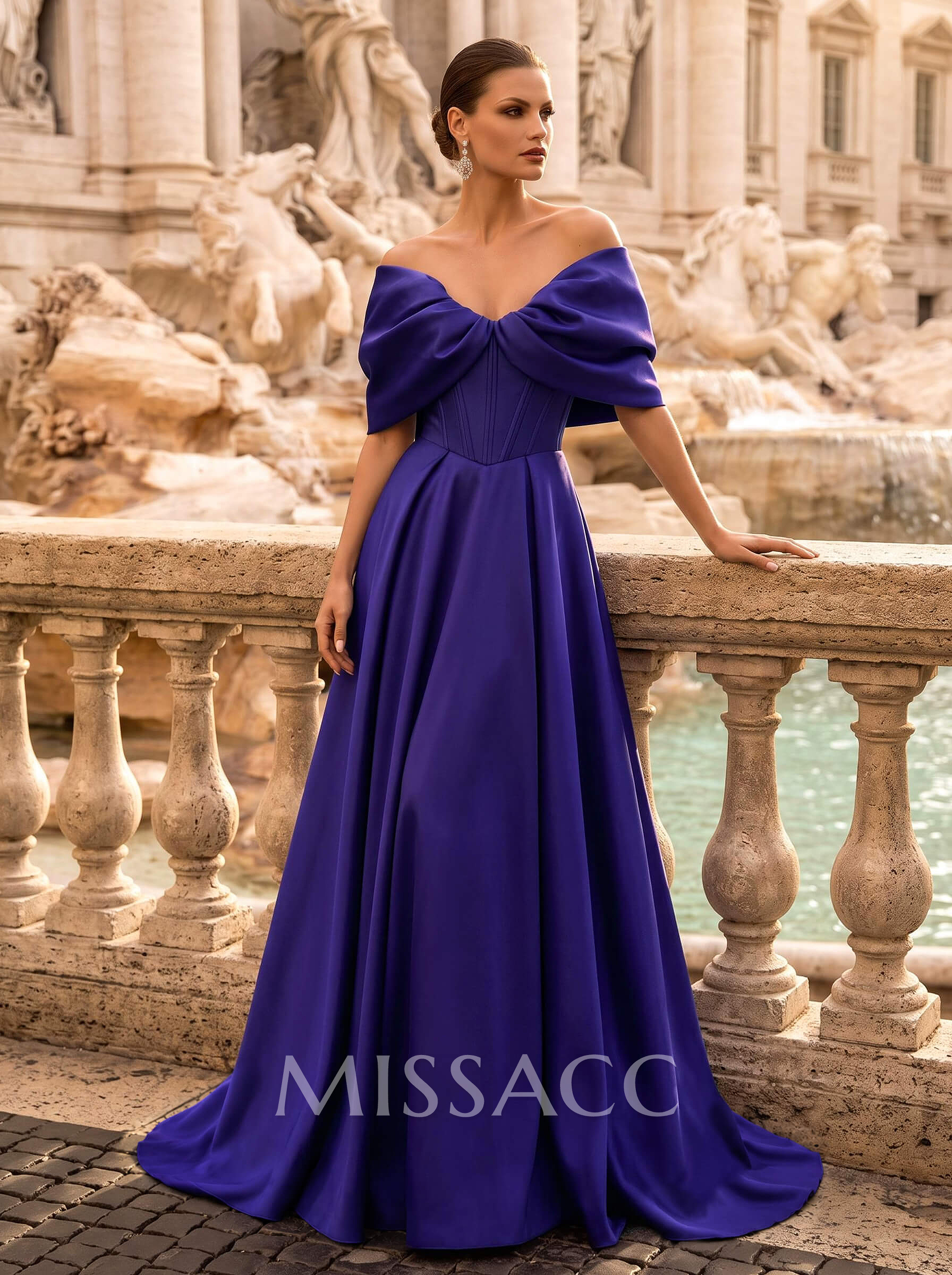 A-Line Off-The-Shoulder Sleeveless Sweep Train Satin Evening Dresses With Pockets