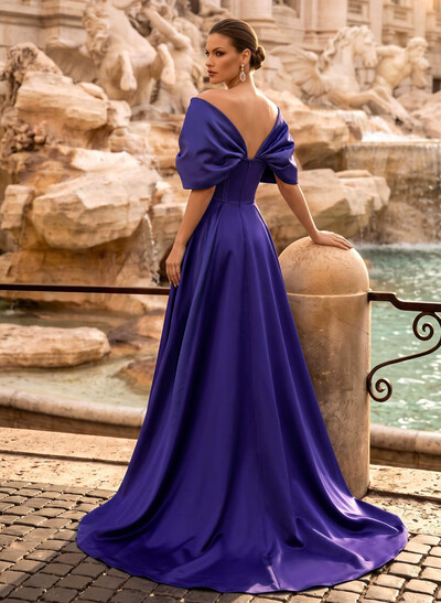 A-Line Off-The-Shoulder Sleeveless Sweep Train Satin Formal Dresses With Pockets