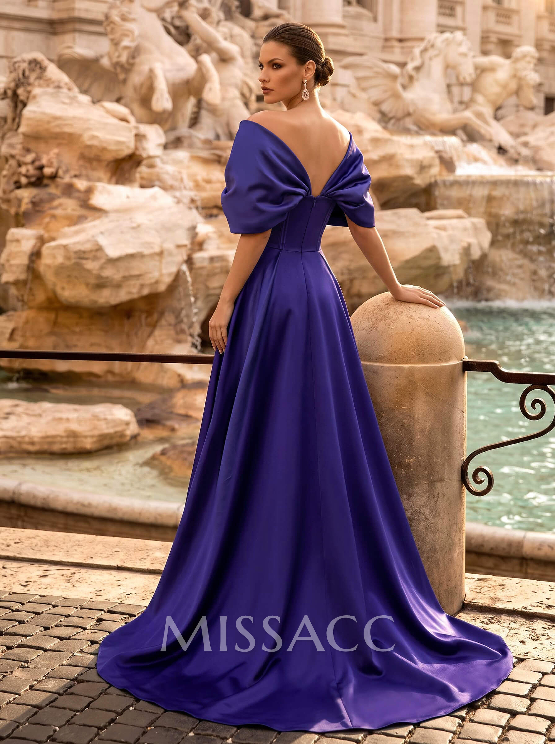 A-Line Off-The-Shoulder Sleeveless Sweep Train Satin Evening Dresses With Pockets