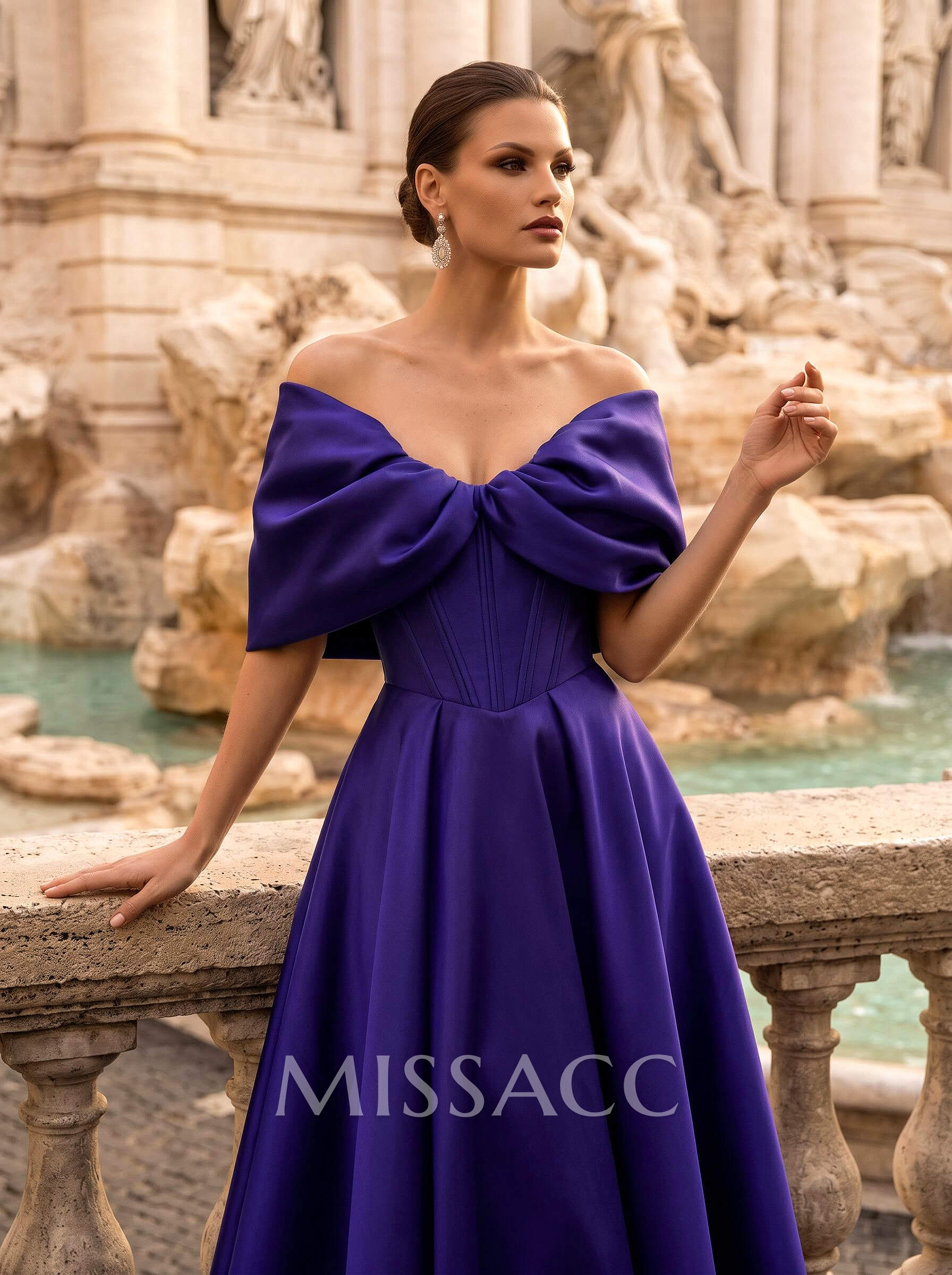 A-Line Off-The-Shoulder Sleeveless Sweep Train Satin Evening Dresses With Pockets