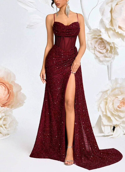 Sheath/Column Sweetheart Sleeveless Sweep Train Evening Dresses With High Split