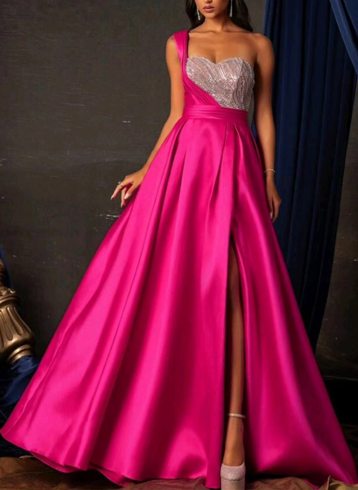 Elegant A-Line One-Shoulder/Sweetheart Sleeveless Sweep Train Satin Evening Dresses With Split Front/Lace