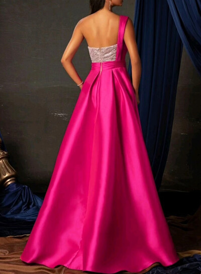 Elegant A-Line One-Shoulder/Sweetheart Sleeveless Sweep Train Satin Evening Dresses With Split Front/Lace