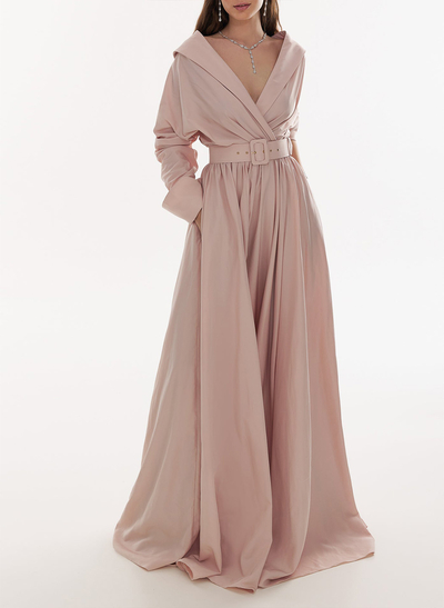 Elegant A-Line V-Neck Long Sleeves Sweep Train Taffeta Evening Dresses