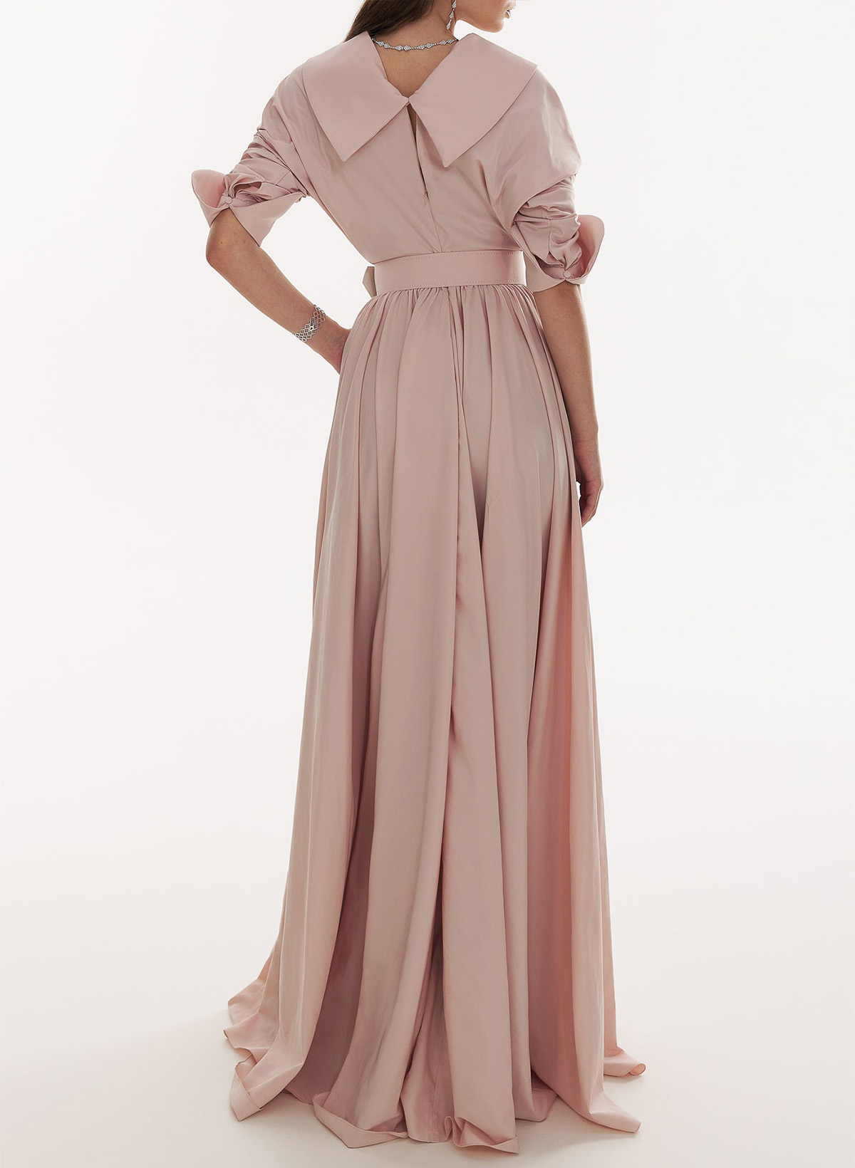 Elegant A-Line V-Neck Long Sleeves Sweep Train Taffeta Evening Dresses
