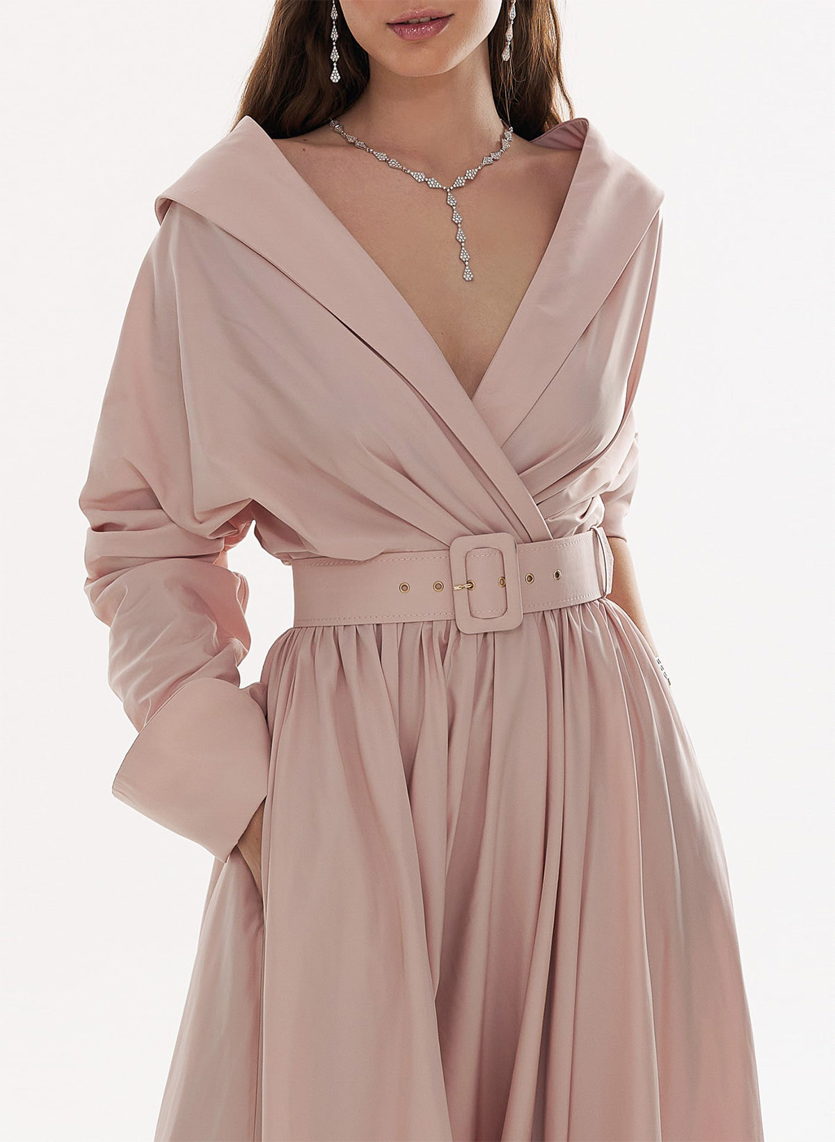 Elegant A-Line V-Neck Long Sleeves Sweep Train Taffeta Evening Dresses