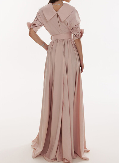 Elegant A-Line V-Neck Long Sleeves Sweep Train Taffeta Evening Dresses
