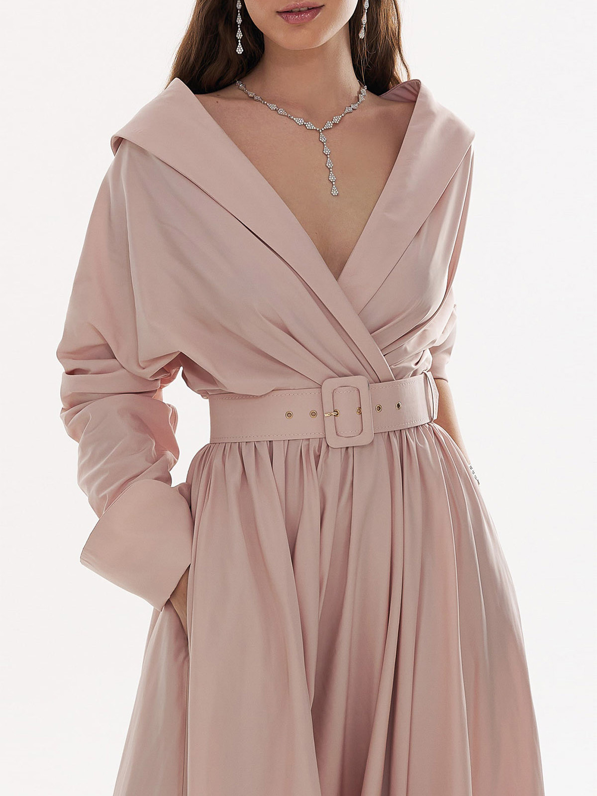 Elegant A-Line V-Neck Long Sleeves Sweep Train Taffeta Evening Dresses