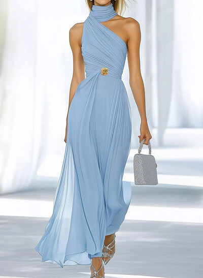 Elegant Halter Sleeveless Ankle-Length Chiffon Evening Dresses With Beading/Pleated
