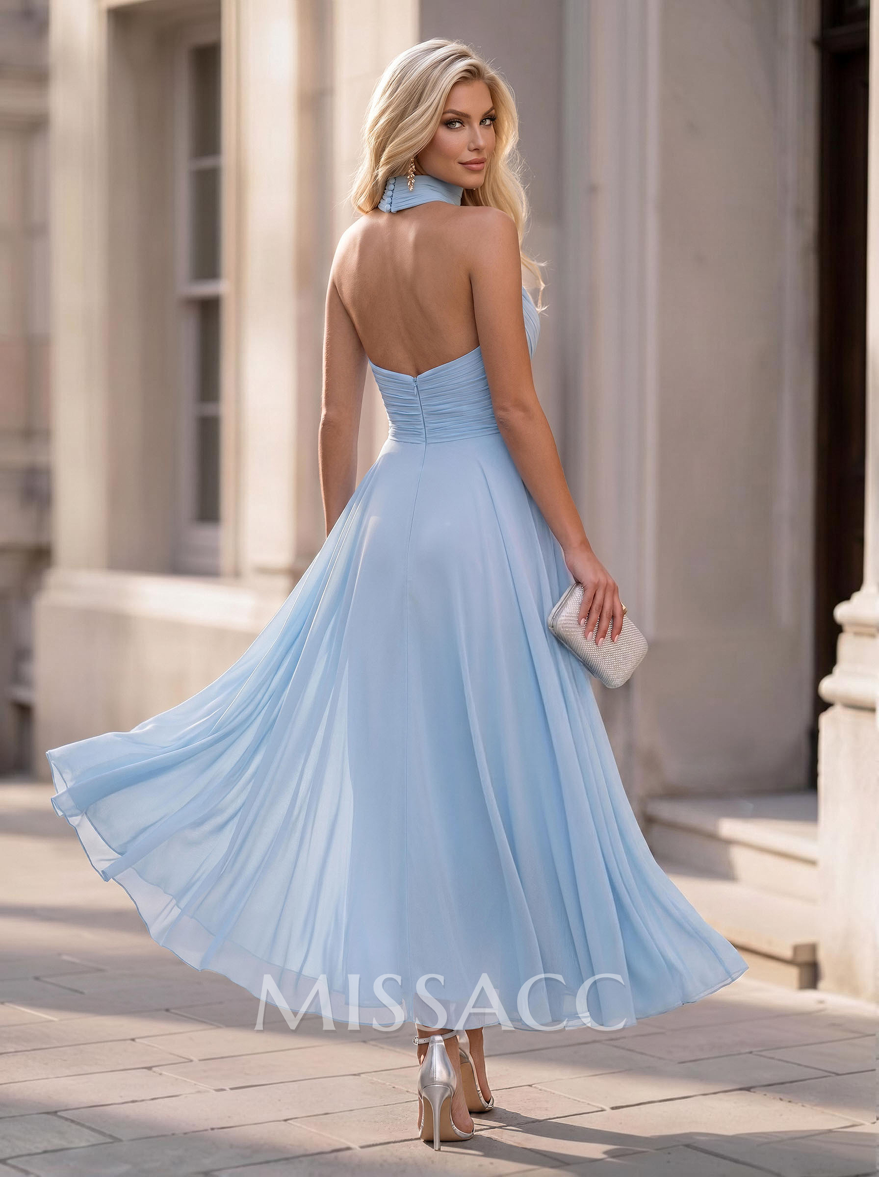 Elegant Halter Sleeveless Ankle-Length Chiffon Evening Dresses With Beading/Pleated Elegant Halter Sleeveless Ankle-Length Chiffon Evening Dresses With Beading/Pleated