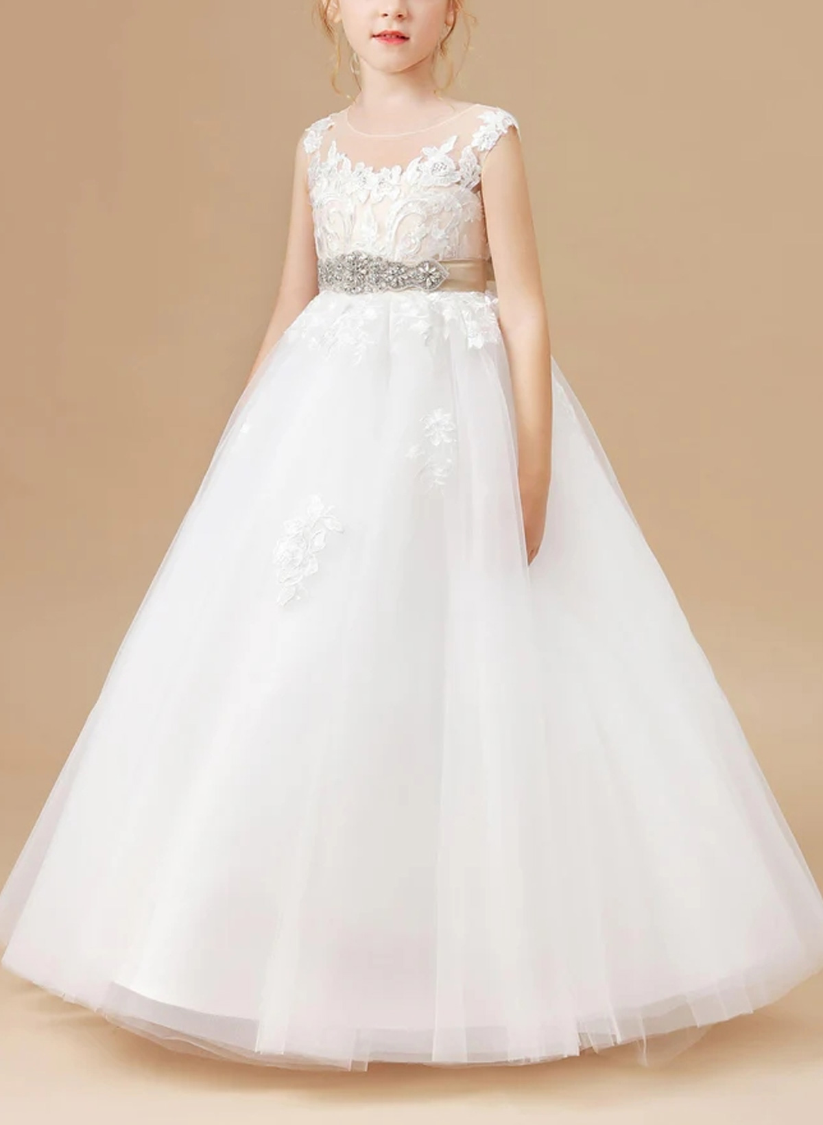 A-Line Illusion Neck Cape Sleeves Floor-Length Lace/Satin Flower Girl Dresses With Rhinestone