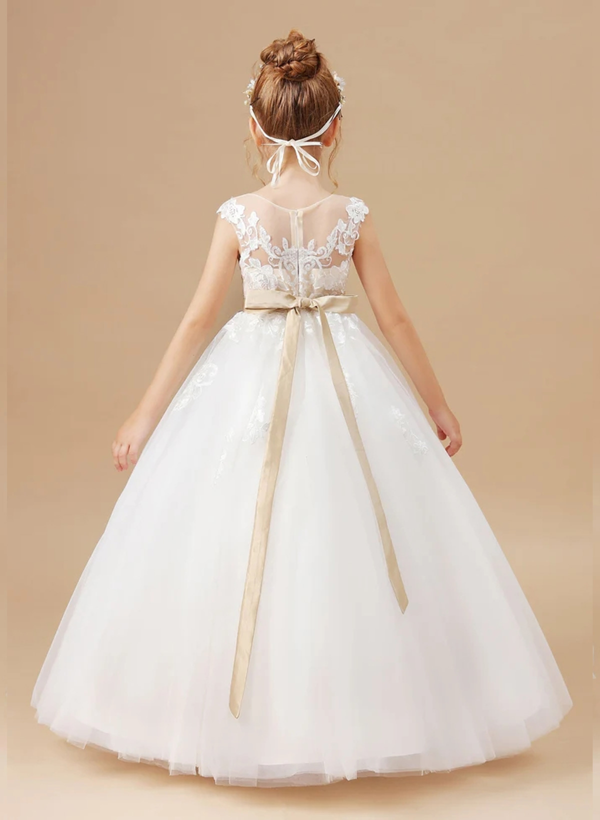 A-Line Illusion Neck Cape Sleeves Floor-Length Lace/Satin Flower Girl Dresses With Rhinestone