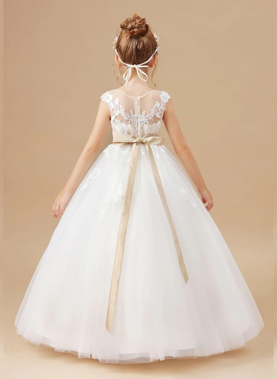 A-Line Illusion Neck Cape Sleeves Floor-Length Lace/Satin Flower Girl Dresses With Rhinestone