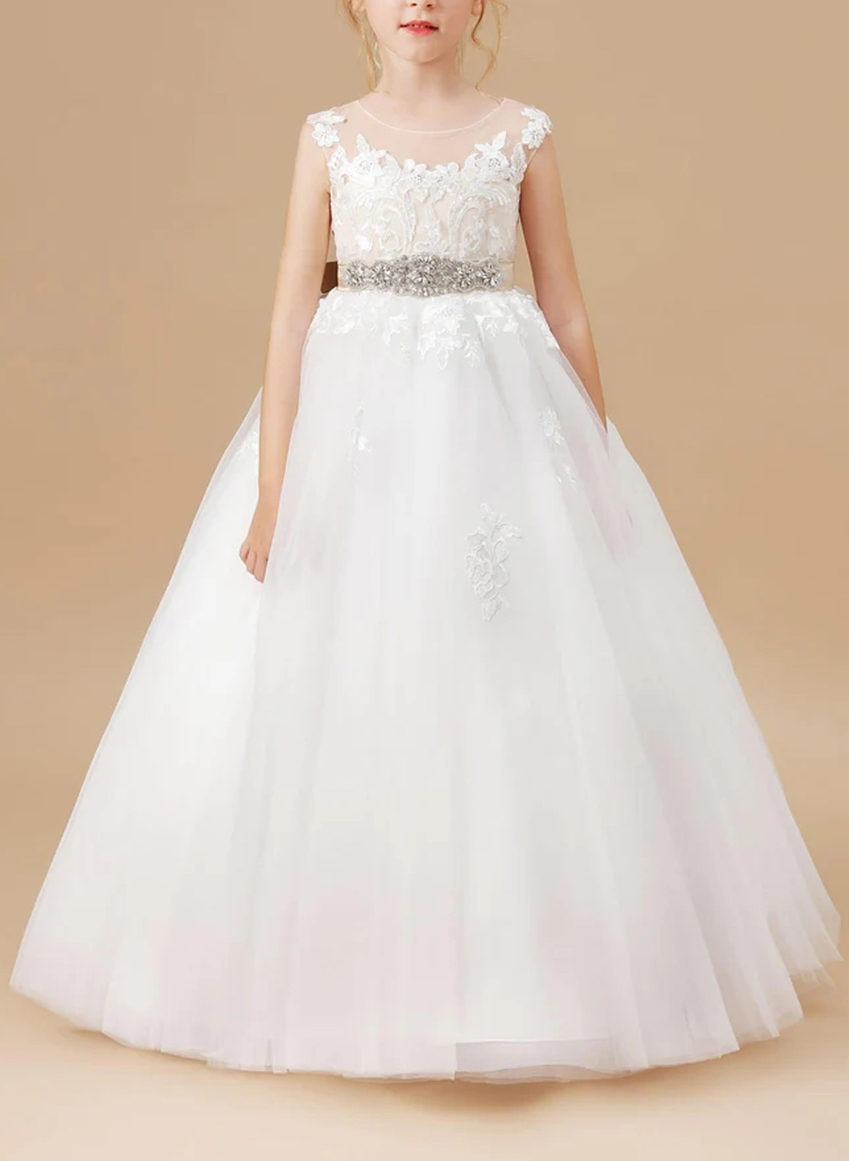 A-Line Illusion Neck Cape Sleeves Floor-Length Lace/Satin Flower Girl Dresses With Rhinestone