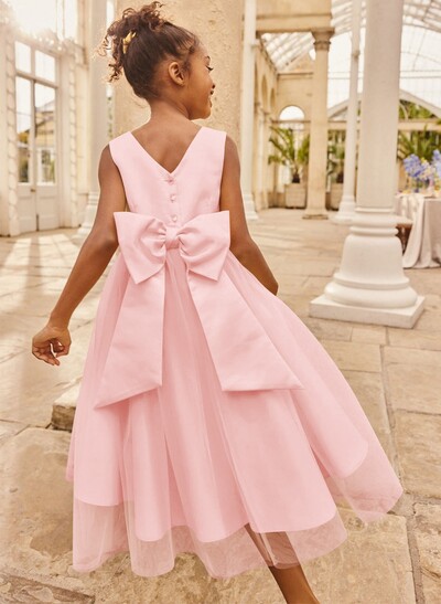 A-Line Scoop Neck Sleeveless Tea-Length Satin/Tulle Flower Girl Dresses With Bow(s)