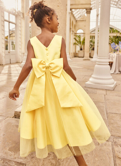 A-Line Scoop Neck Sleeveless Tea-Length Satin/Tulle Flower Girl Dresses With Bow(s)